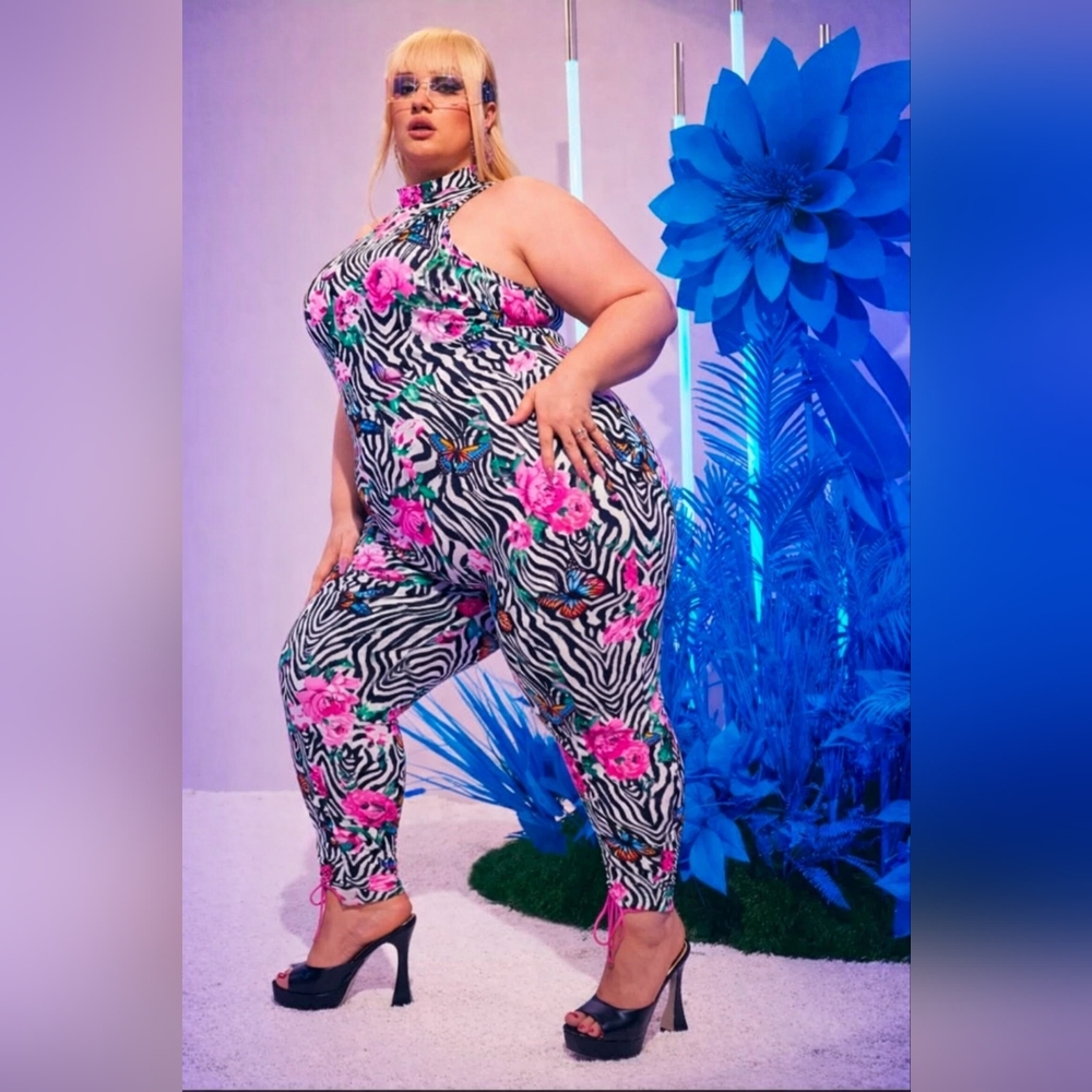 SHEIN Plus Size Zebra Floral Butterfly Jumpsuit Pink Ruched Hem Sleeveless